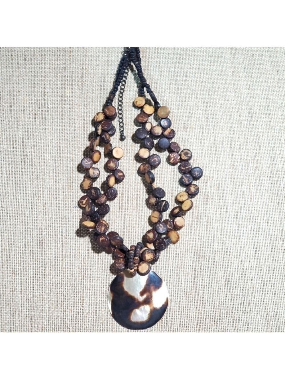 Vtg VJ Abalone statement necklace heishe seed bead wood shell